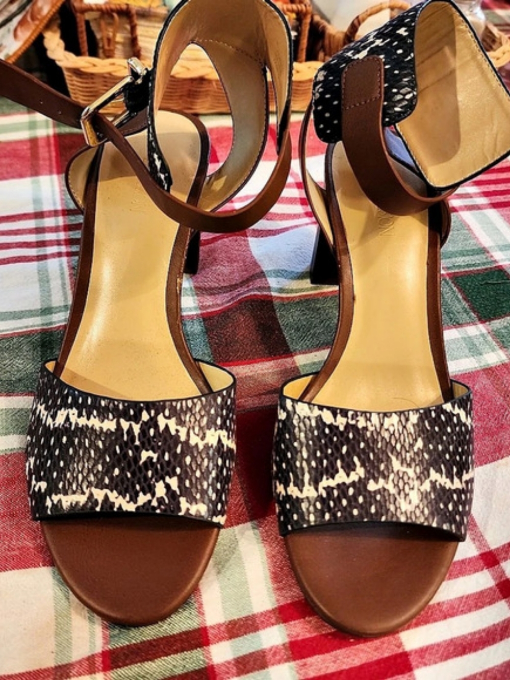 Animal Print Snake Skin Print Heeled Sandals in Brown & Black